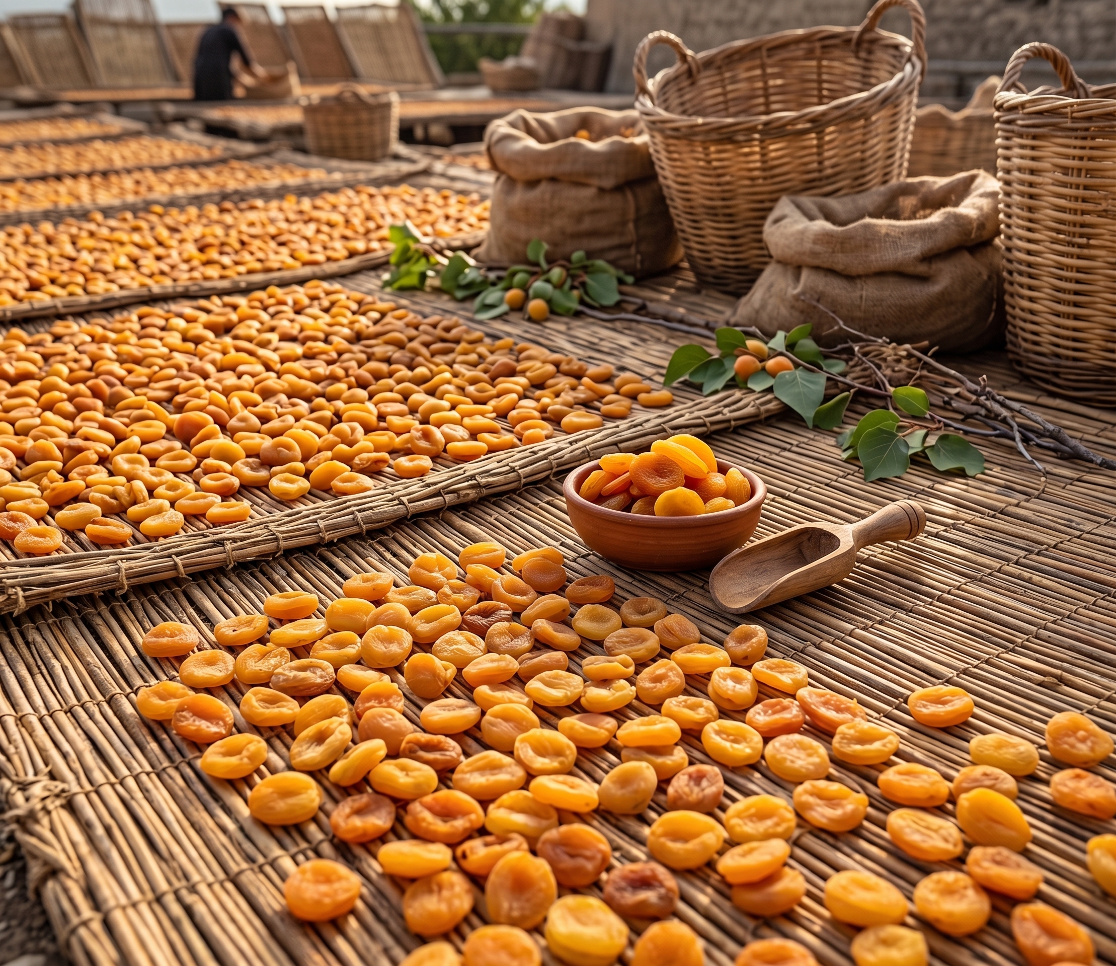 Malatya apricots drying on reed mats