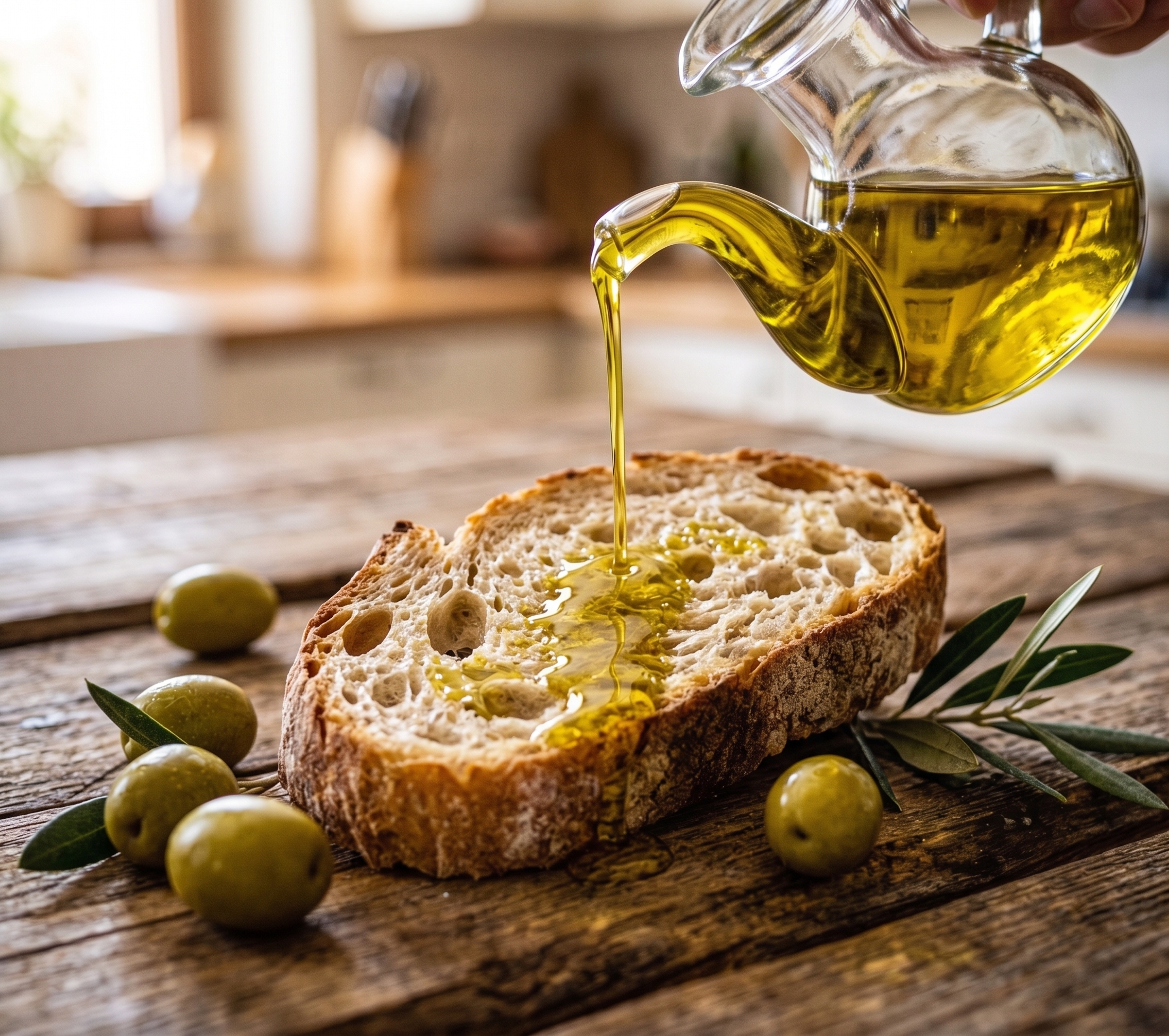 Cold-pressed extra virgin olive oil poured over bread