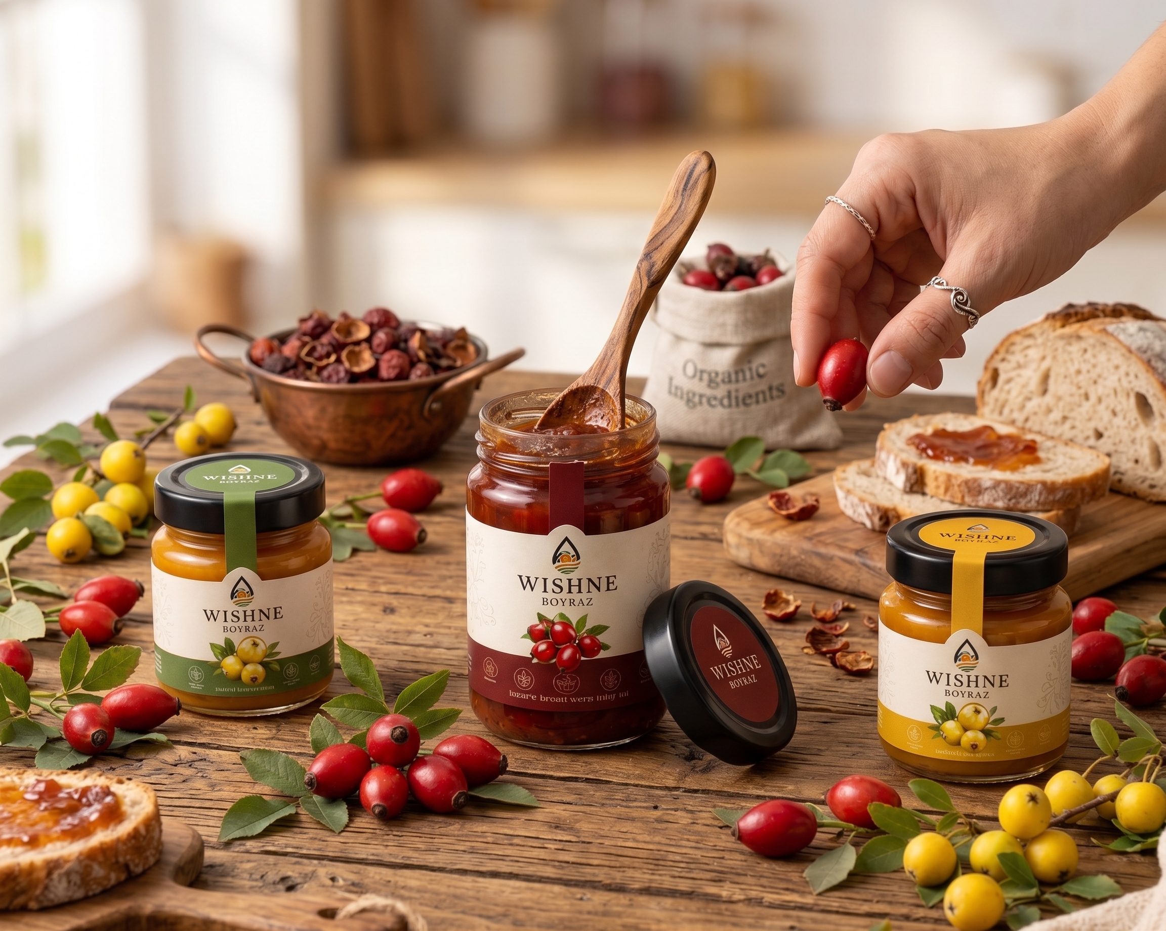Marmalade jars with rosehip and cornelian cherry